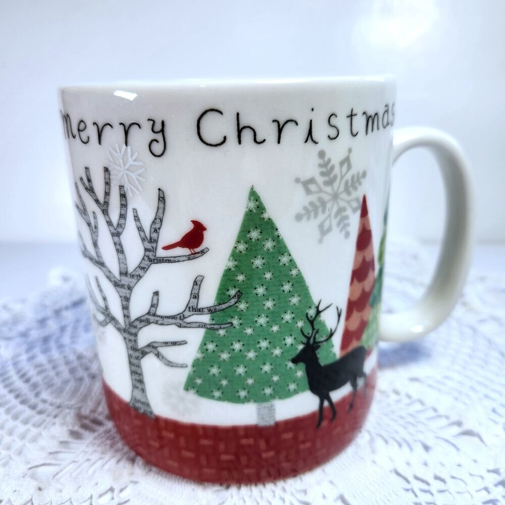 222 Fifth Coffee Mug Cup Merry Trees Oversized 30 oz Christmas Mug Trees Deer